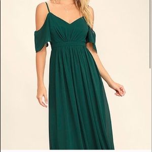 NWT Lulus dark green Off shoulder flutter Maxi